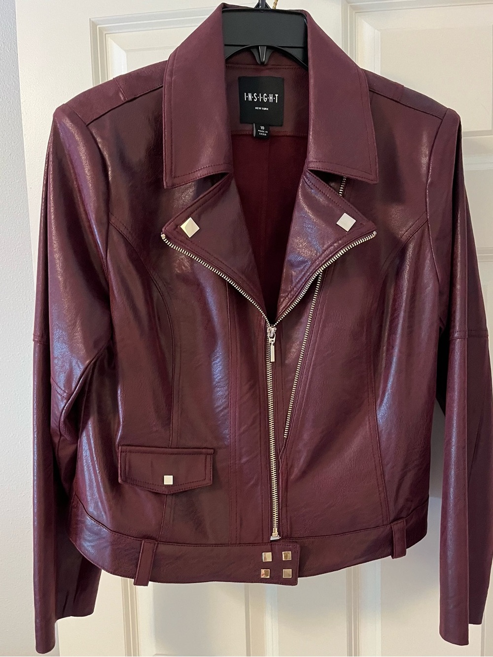 Insight Women's Burgundy Leather Moto Jacket with Silver Hardware